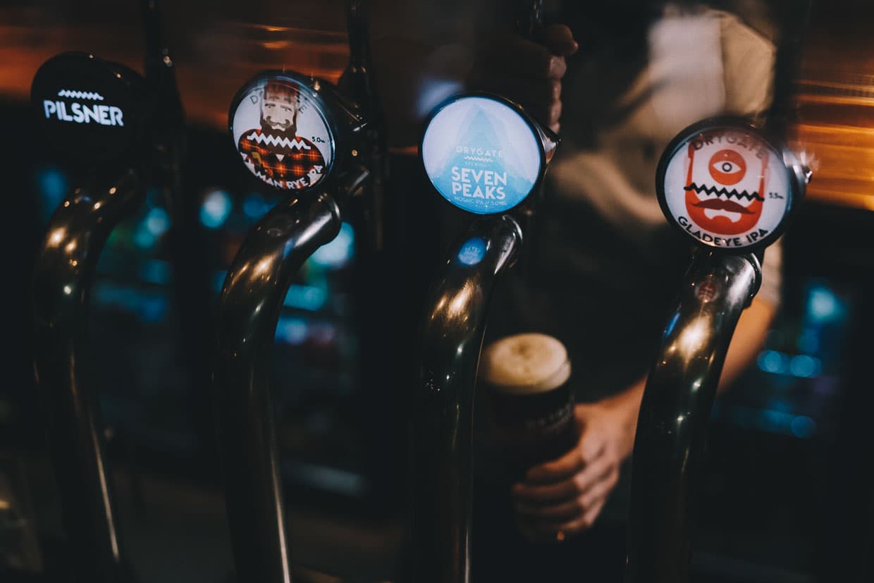Drygate Brewing beer taps — Pilsner, Seven Peaks and Gladeye IPA on tap at The Bellman